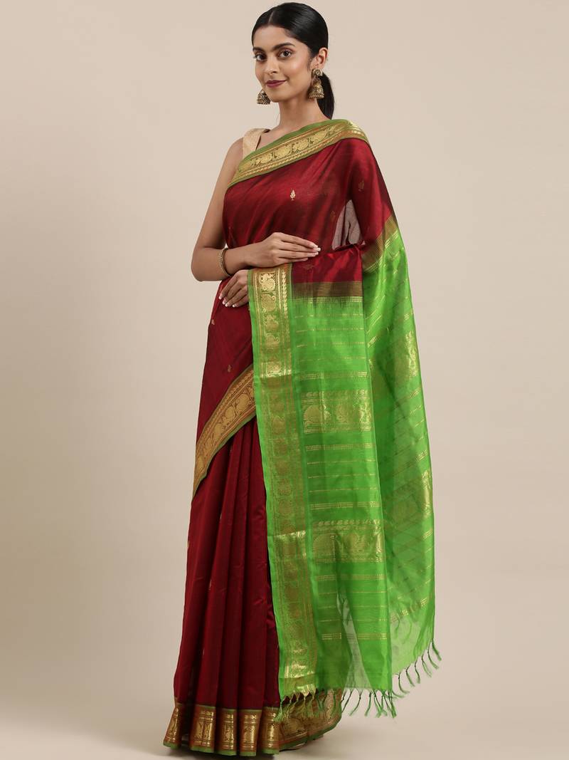 maroon silk cotton woven  saree with  blouse