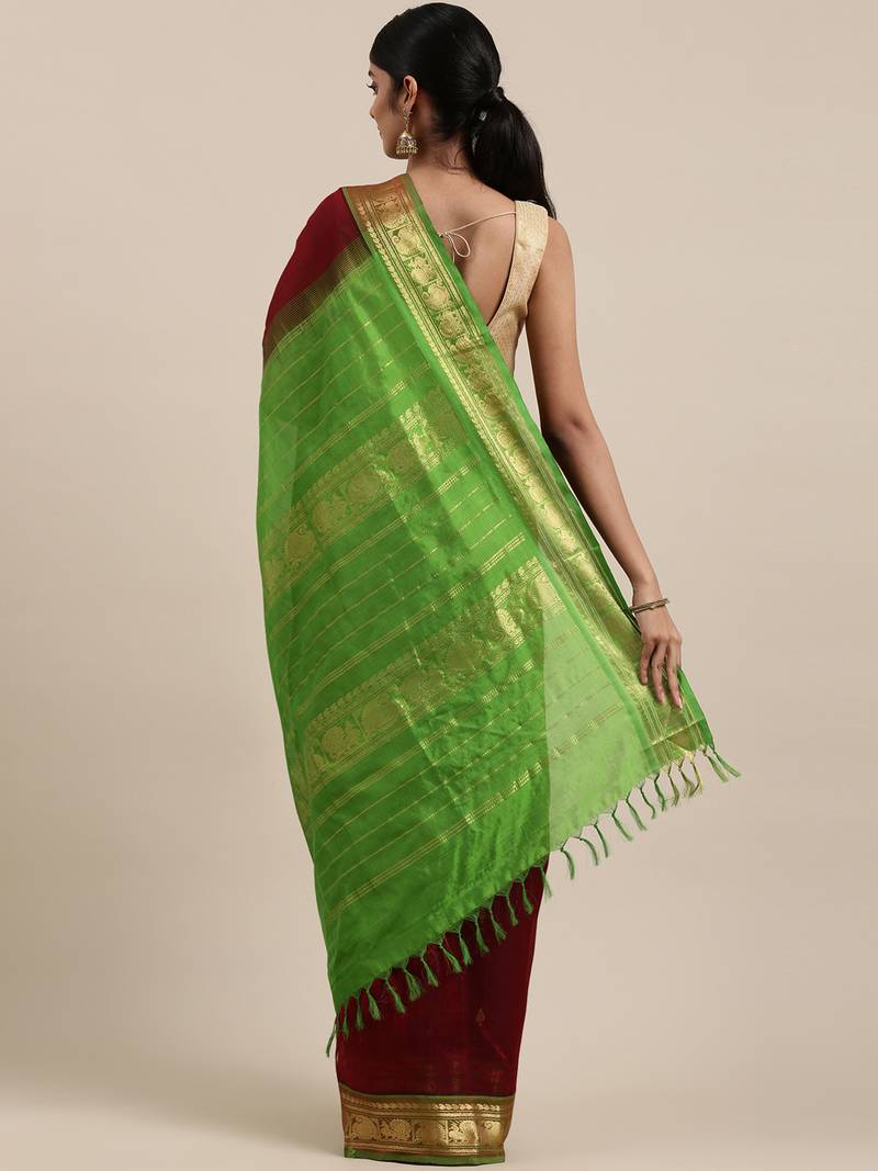 maroon silk cotton woven  saree with  blouse