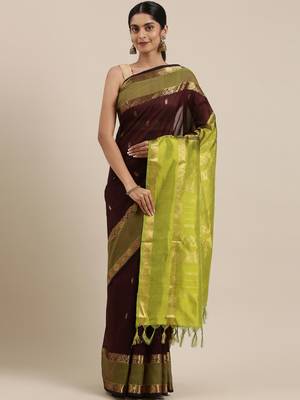 Brown silk cotton woven  saree with  blouse 1
