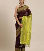 Brown silk cotton woven  saree with  blouse