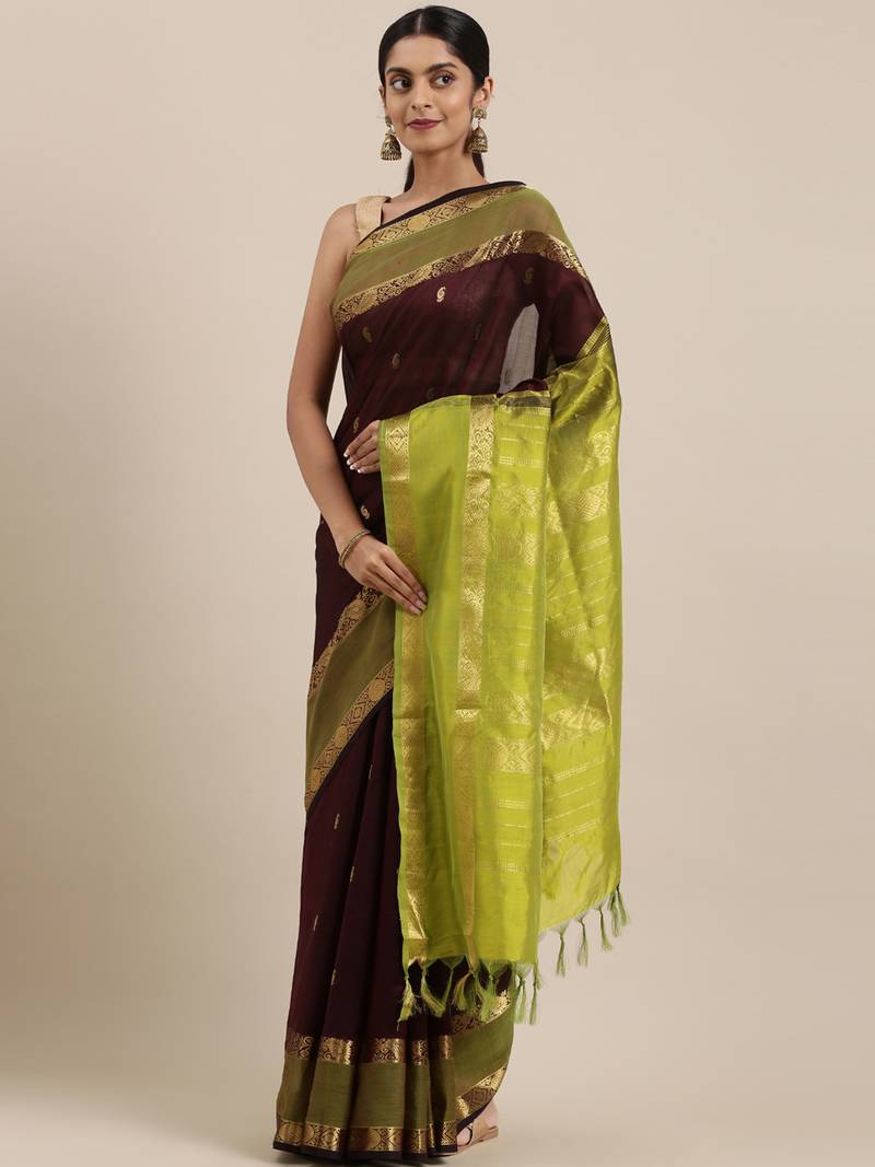Brown silk cotton woven  saree with  blouse