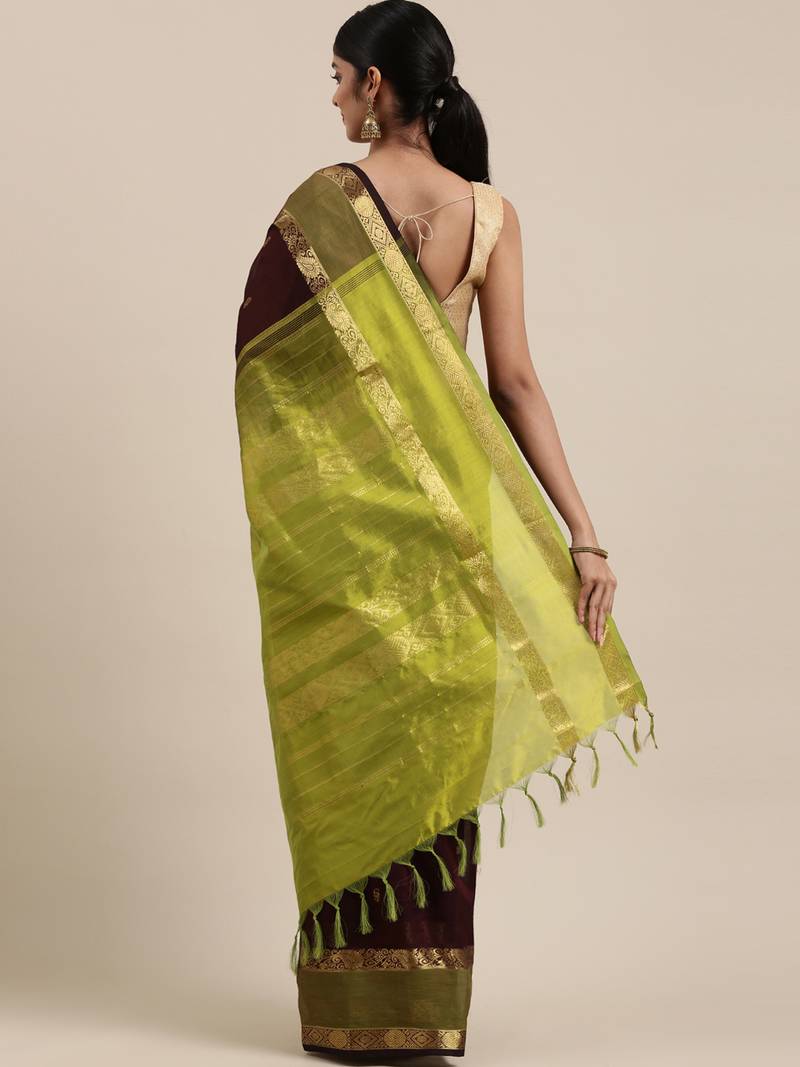 Brown silk cotton woven  saree with  blouse