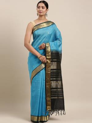 blue silk cotton woven  saree with  blouse 1