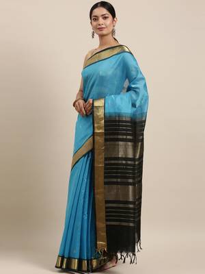 blue silk cotton woven  saree with  blouse 2