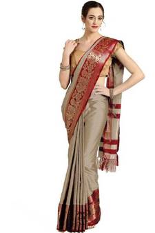 Grey printed art silk saree with blouse