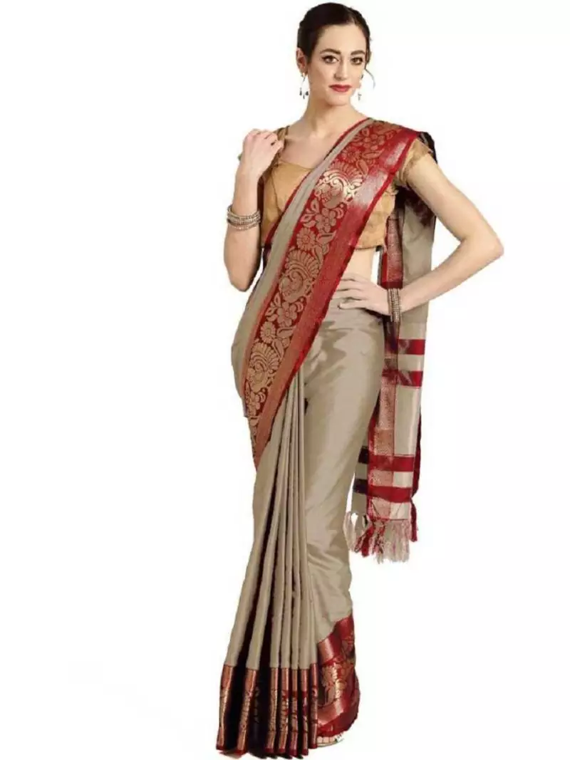 Grey printed art silk saree with blouse