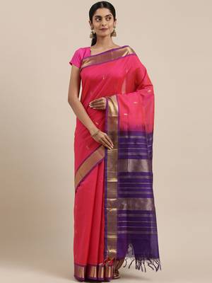 Magenta silk cotton woven  saree with  blouse 1