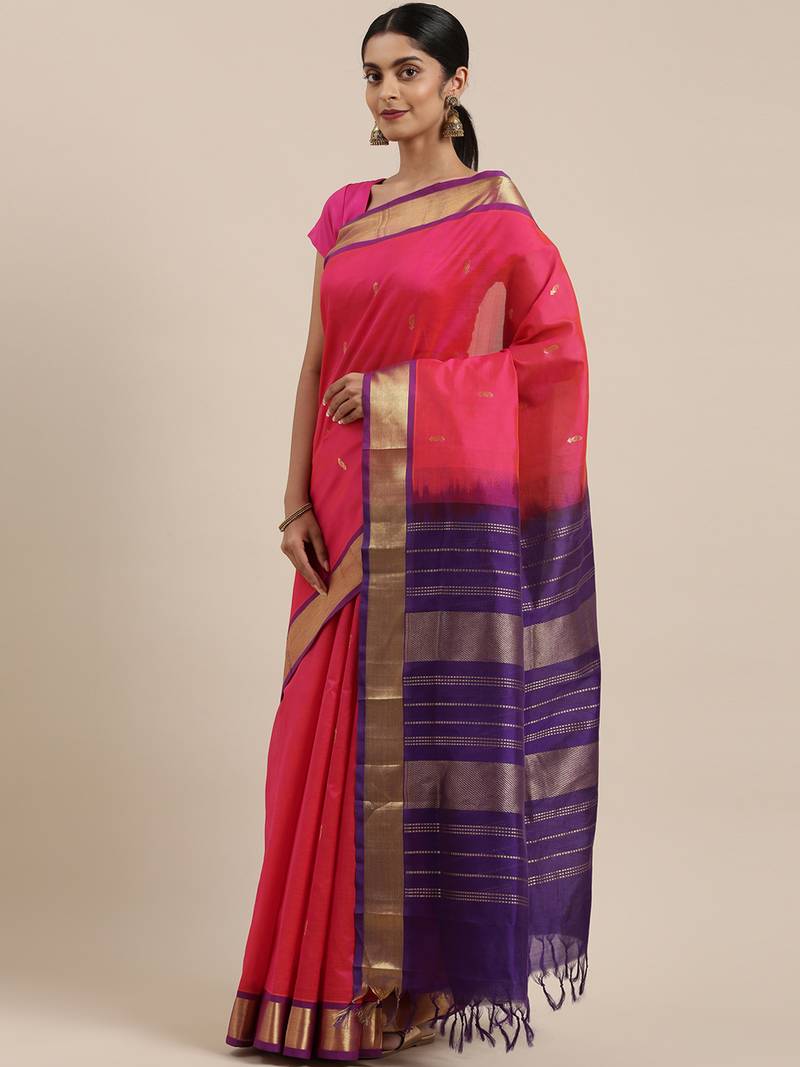 Magenta silk cotton woven  saree with  blouse