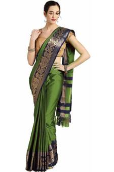 Green printed art silk saree with blouse