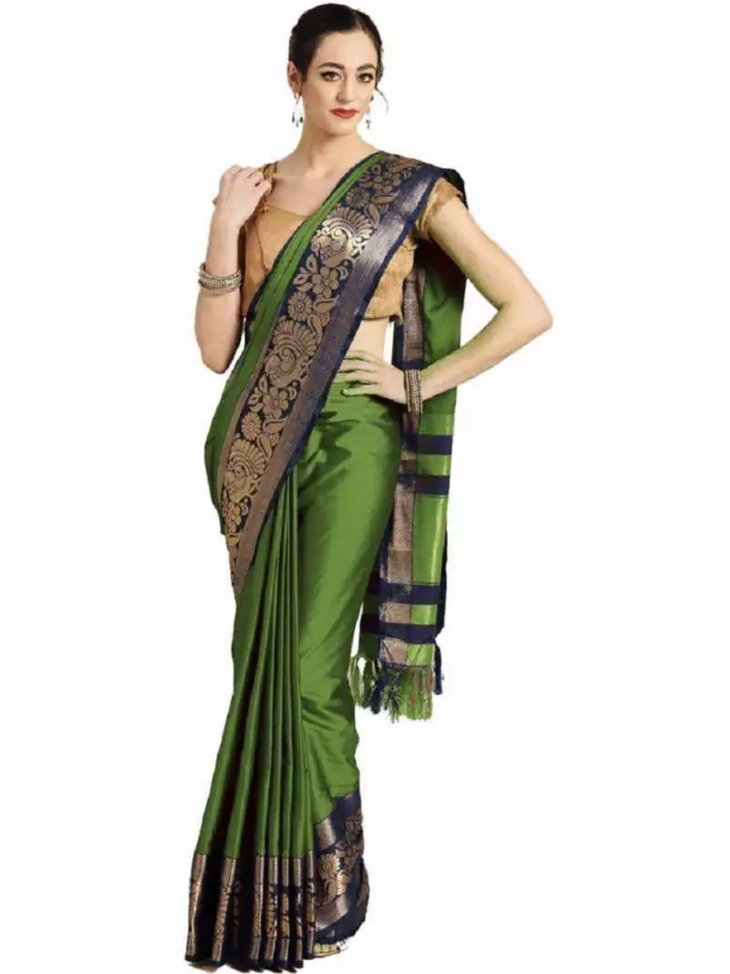Green printed art silk saree with blouse