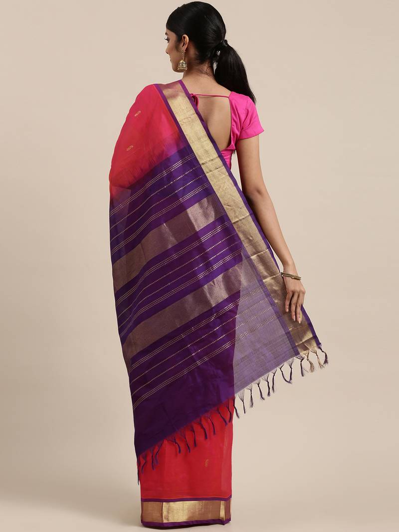 Magenta silk cotton woven  saree with  blouse