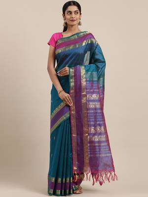 blue silk cotton woven  saree with  blouse 1