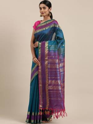 blue silk cotton woven  saree with  blouse 2