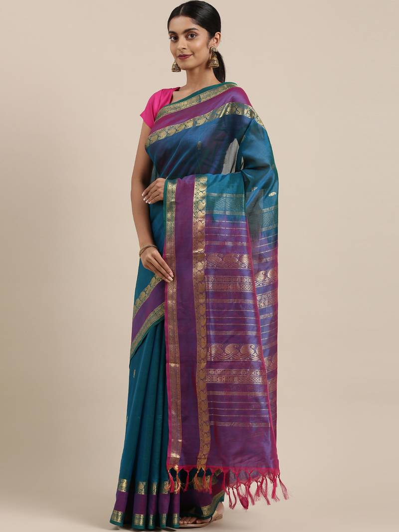 blue silk cotton woven  saree with  blouse