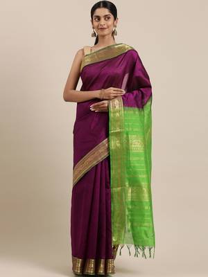 Purple silk cotton plain  saree with  blouse 1