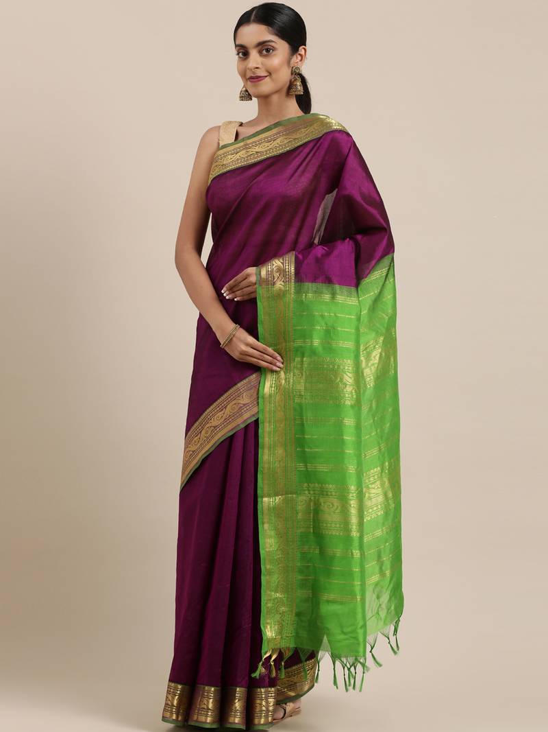 Purple silk cotton plain  saree with  blouse