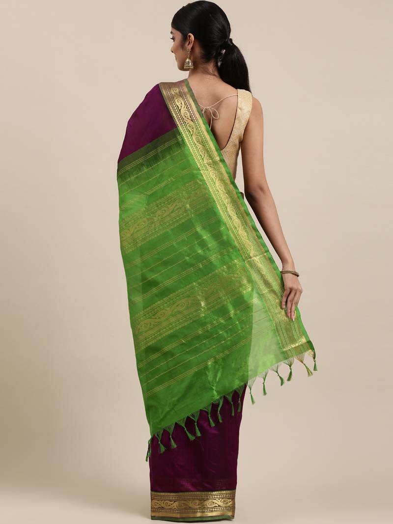 Purple silk cotton plain  saree with  blouse