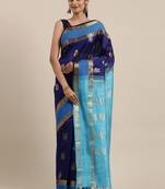 dark blue silk cotton woven  saree with  blouse