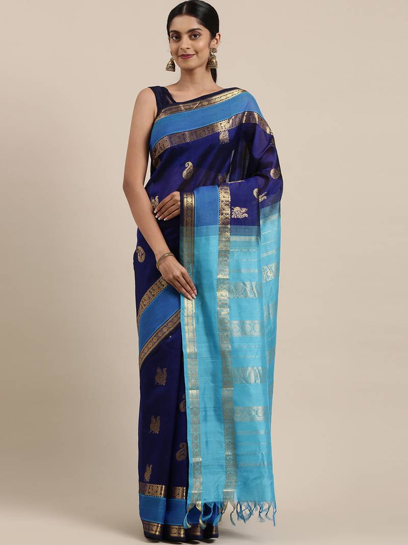 dark blue silk cotton woven  saree with  blouse
