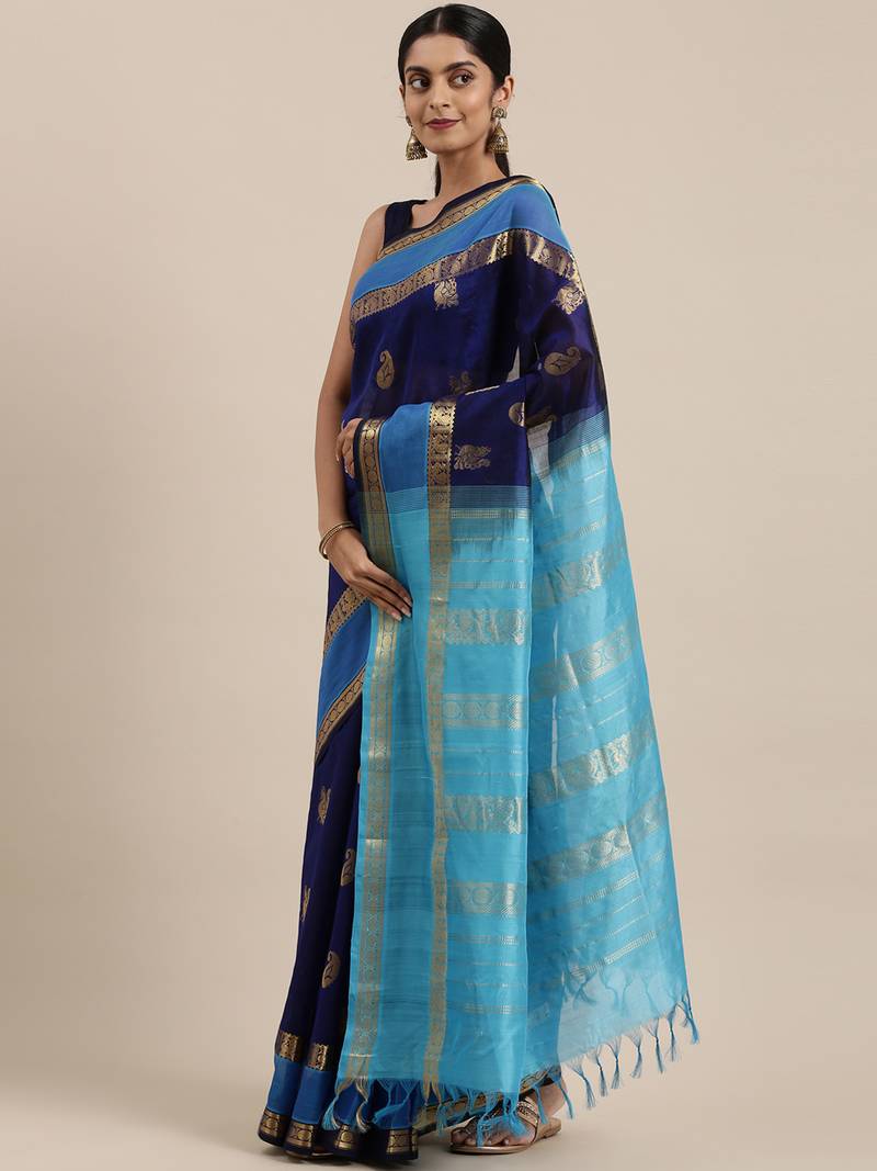 dark blue silk cotton woven  saree with  blouse