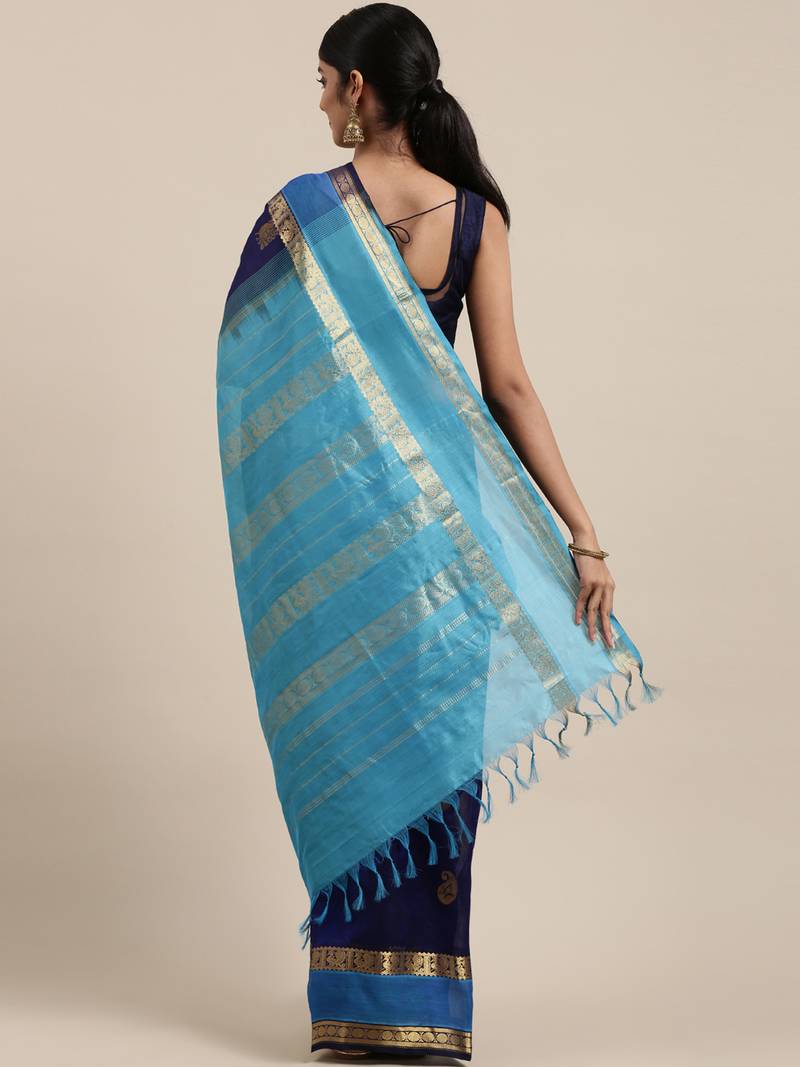 dark blue silk cotton woven  saree with  blouse