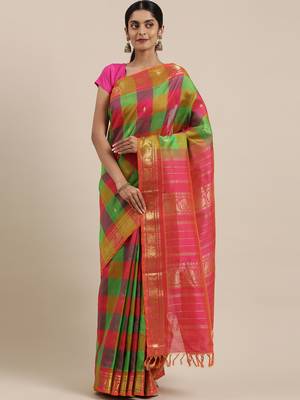 Multicolor silk cotton woven  saree with  blouse 1
