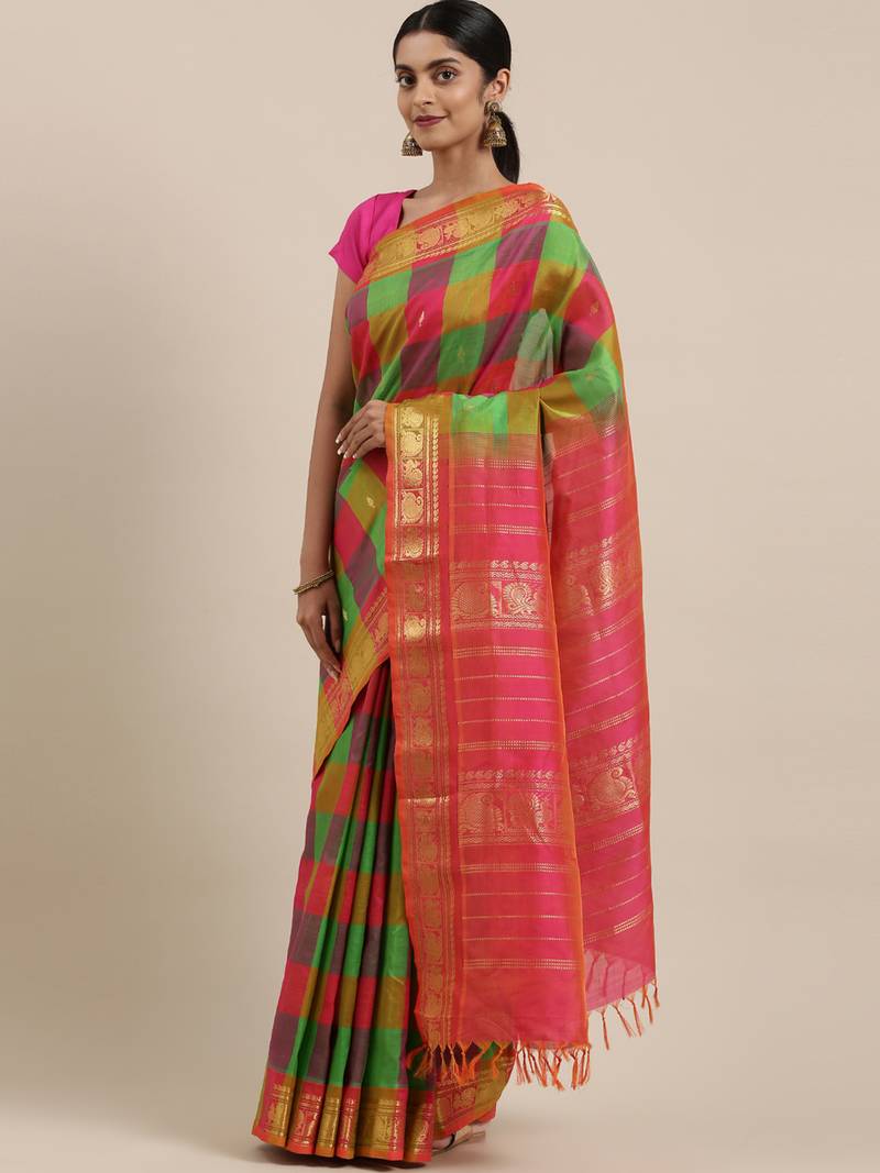 Multicolor silk cotton woven  saree with  blouse