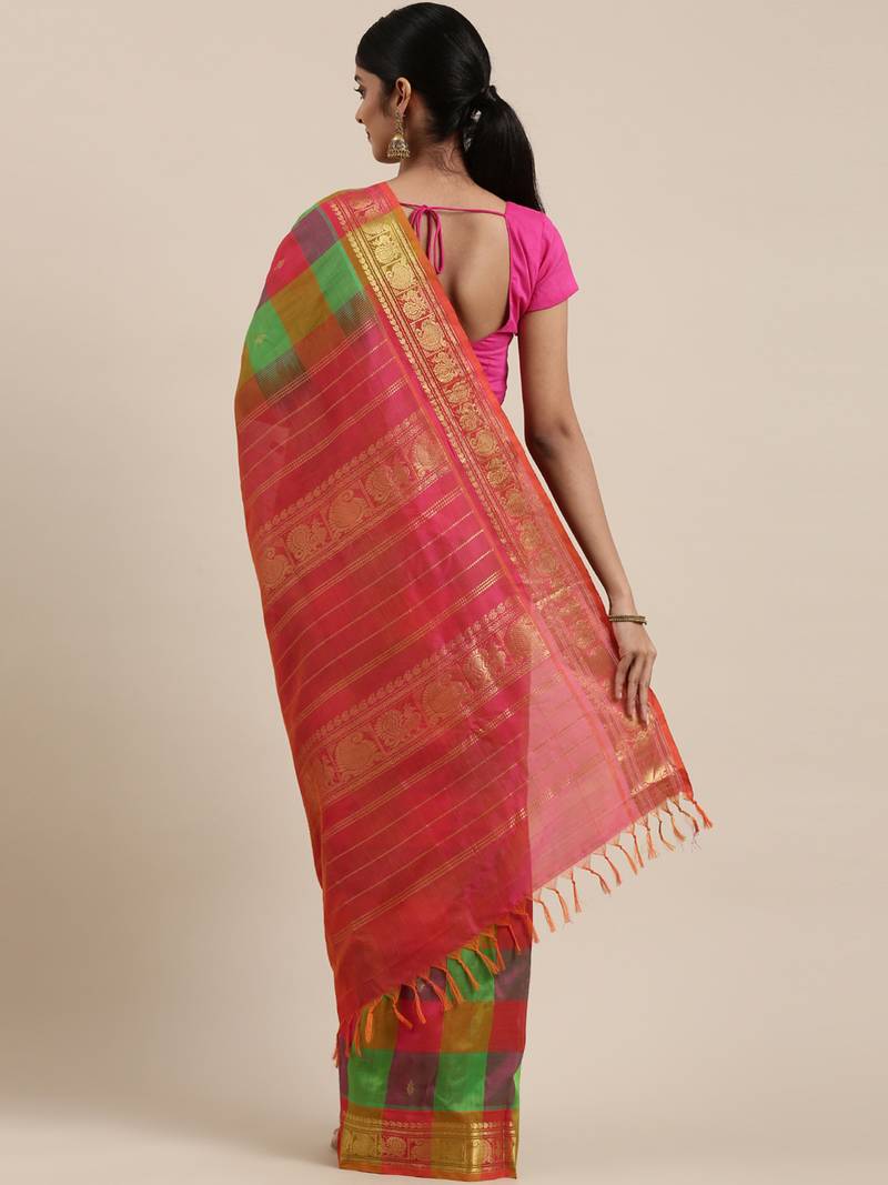 Multicolor silk cotton woven  saree with  blouse