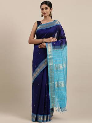 dark blue silk cotton woven  saree with  blouse 1