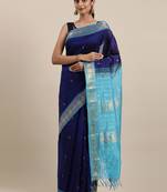 dark blue silk cotton woven  saree with  blouse