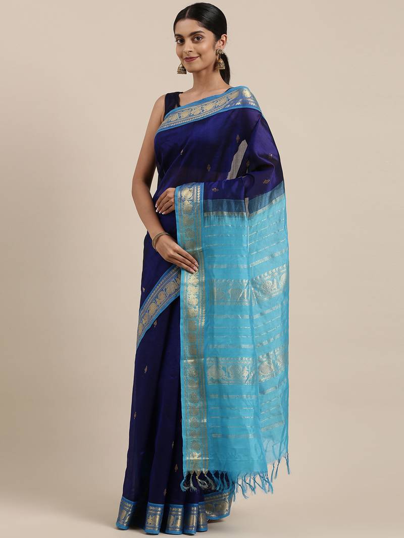 dark blue silk cotton woven  saree with  blouse