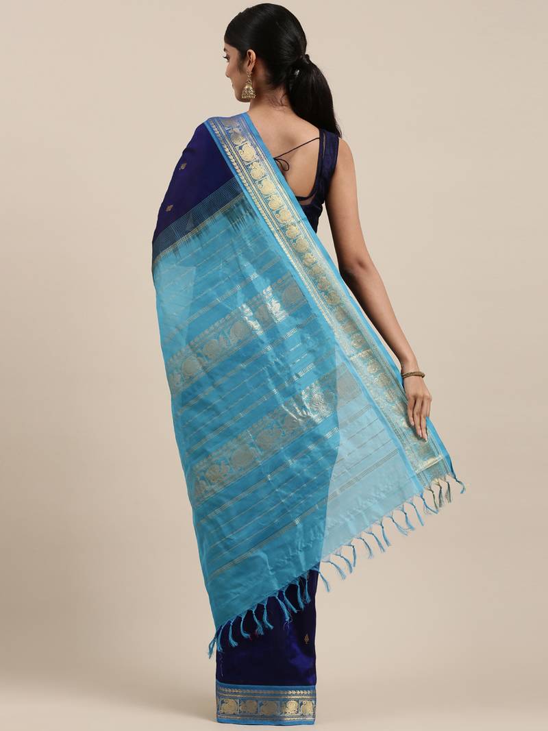dark blue silk cotton woven  saree with  blouse