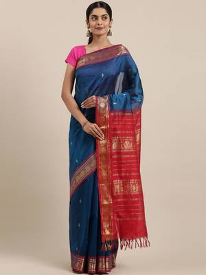 blue silk cotton woven  saree with  blouse 1