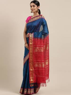 blue silk cotton woven  saree with  blouse 2