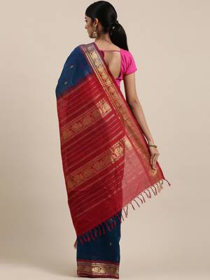blue silk cotton woven  saree with  blouse 3