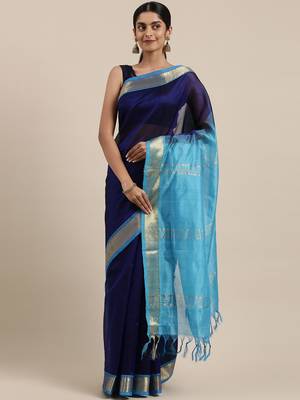 dark blue silk cotton plain  saree with  blouse 1