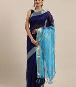dark blue silk cotton plain  saree with  blouse