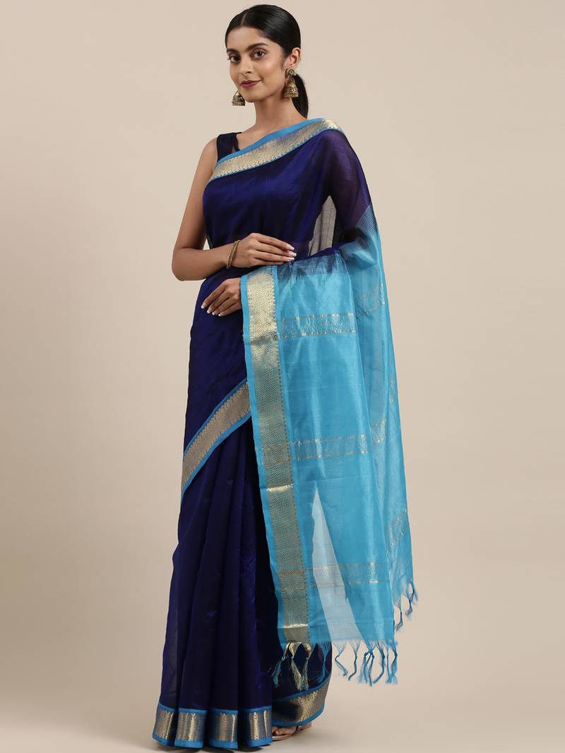 dark blue silk cotton plain  saree with  blouse