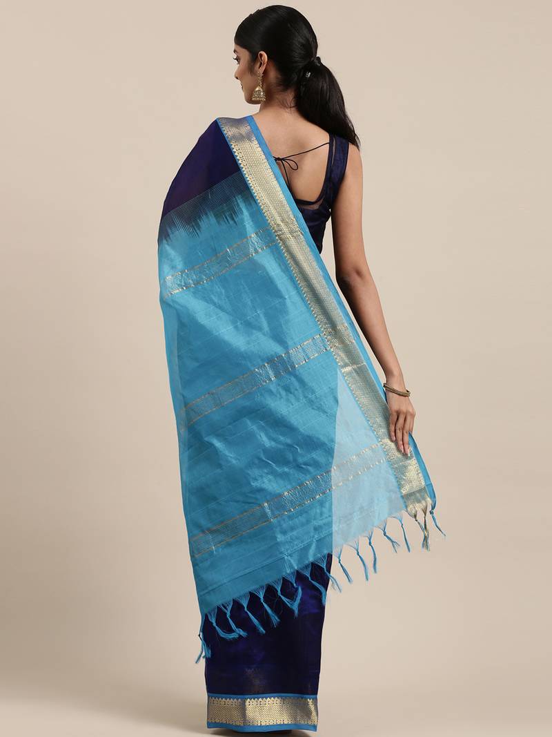 dark blue silk cotton plain  saree with  blouse