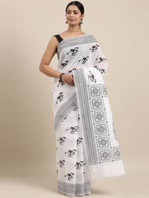 white pure cotton printed saree with blouse 1