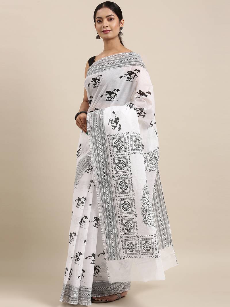 white pure cotton printed saree with blouse