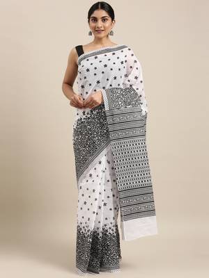white pure cotton printed saree with blouse 1