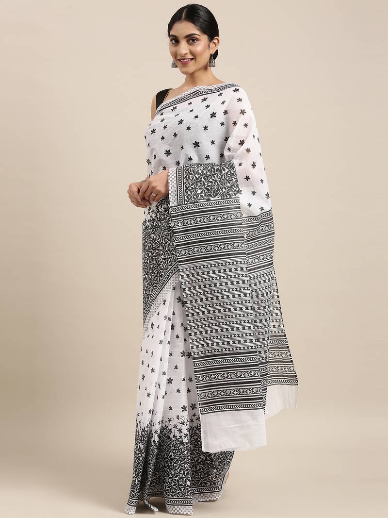 white pure cotton printed saree with blouse