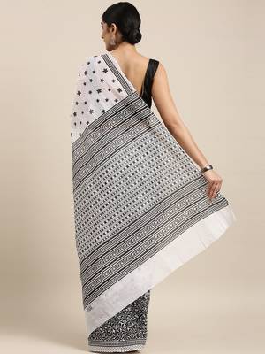 white pure cotton printed saree with blouse 3