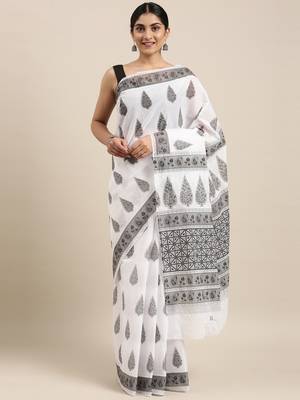 white pure cotton printed saree with blouse 1
