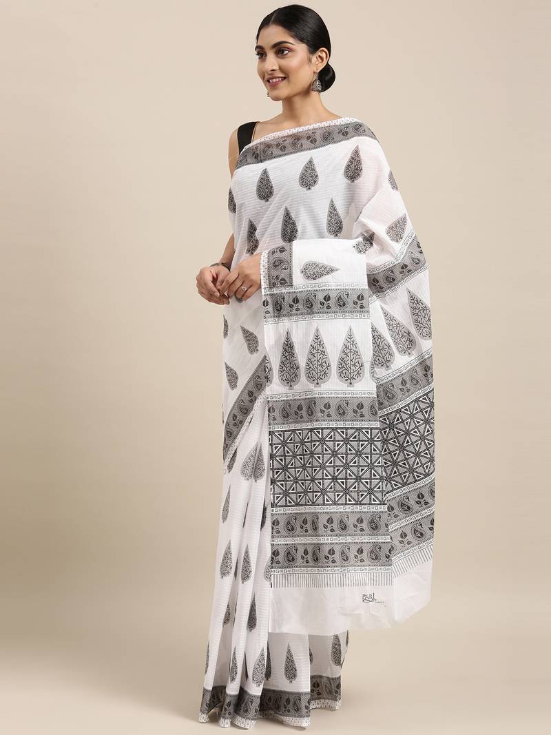 white pure cotton printed saree with blouse