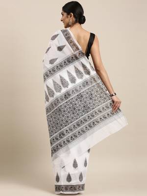 white pure cotton printed saree with blouse 3