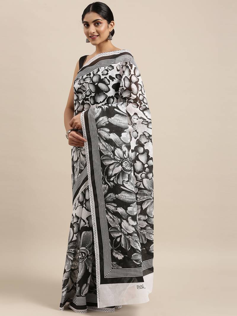 white pure cotton printed saree with blouse