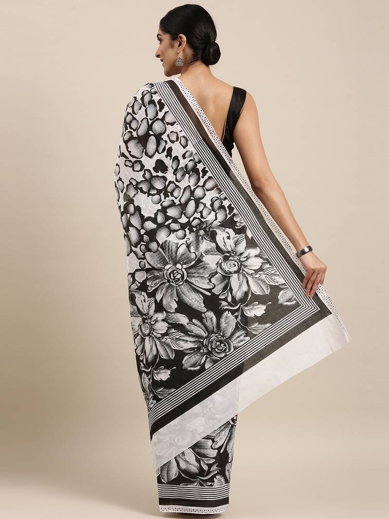 white pure cotton printed saree with blouse