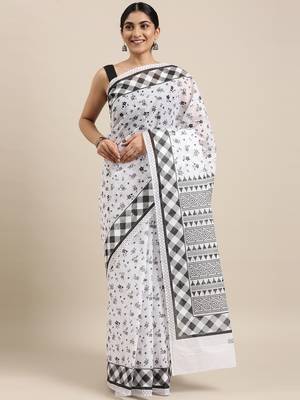 white pure cotton printed saree with blouse 1